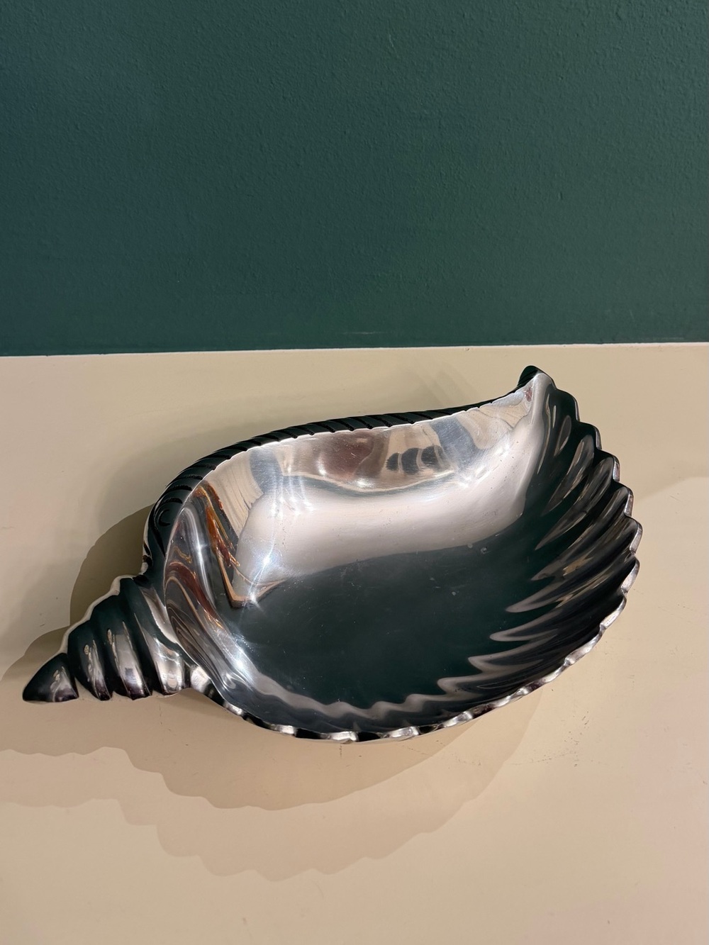Large silver pewter sea shell conch bowl platter catchall dish